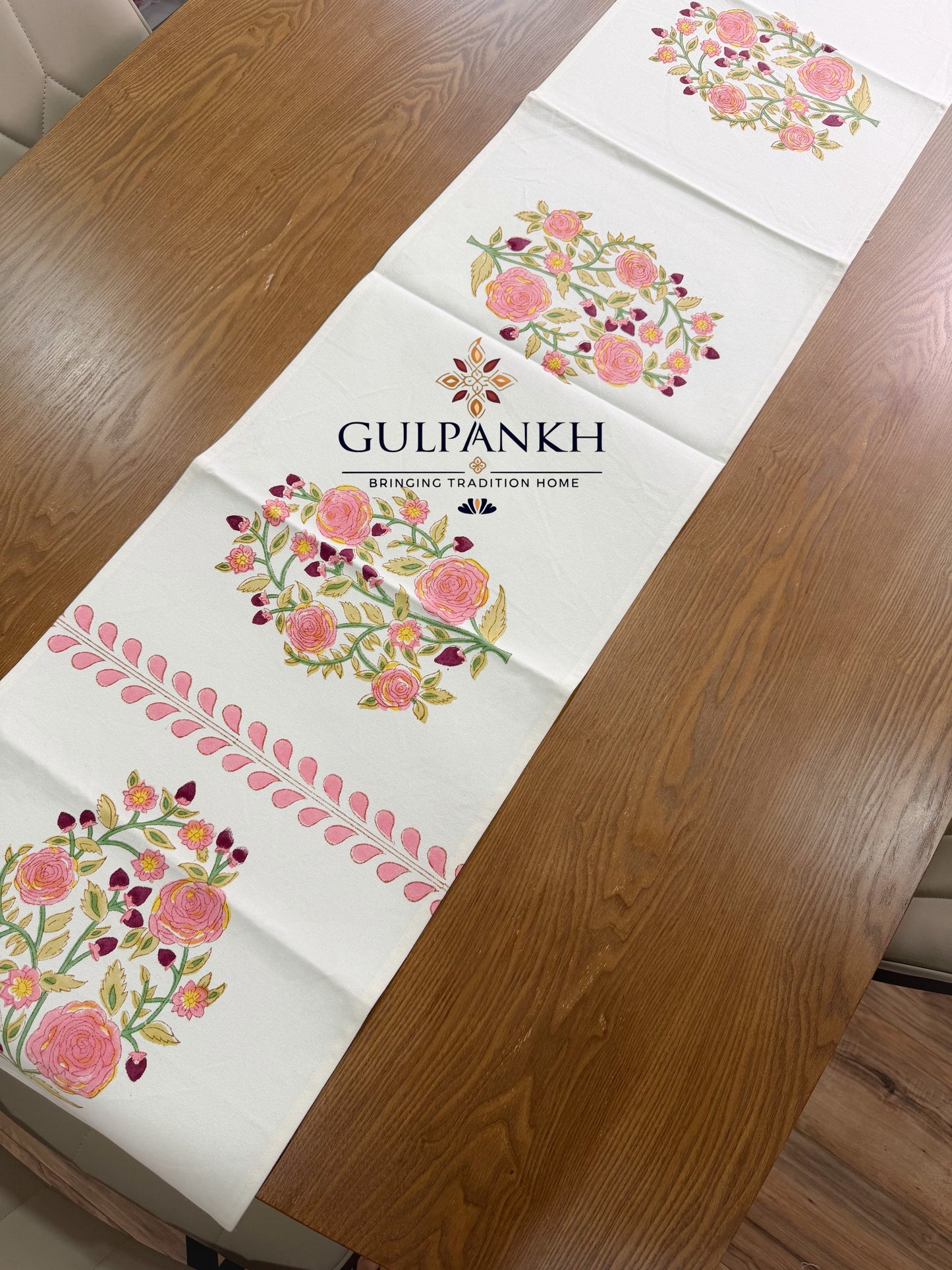 Hand Block Printed Cotton Table Runner – Gulabi Rose Garden | Gulpankh Canada