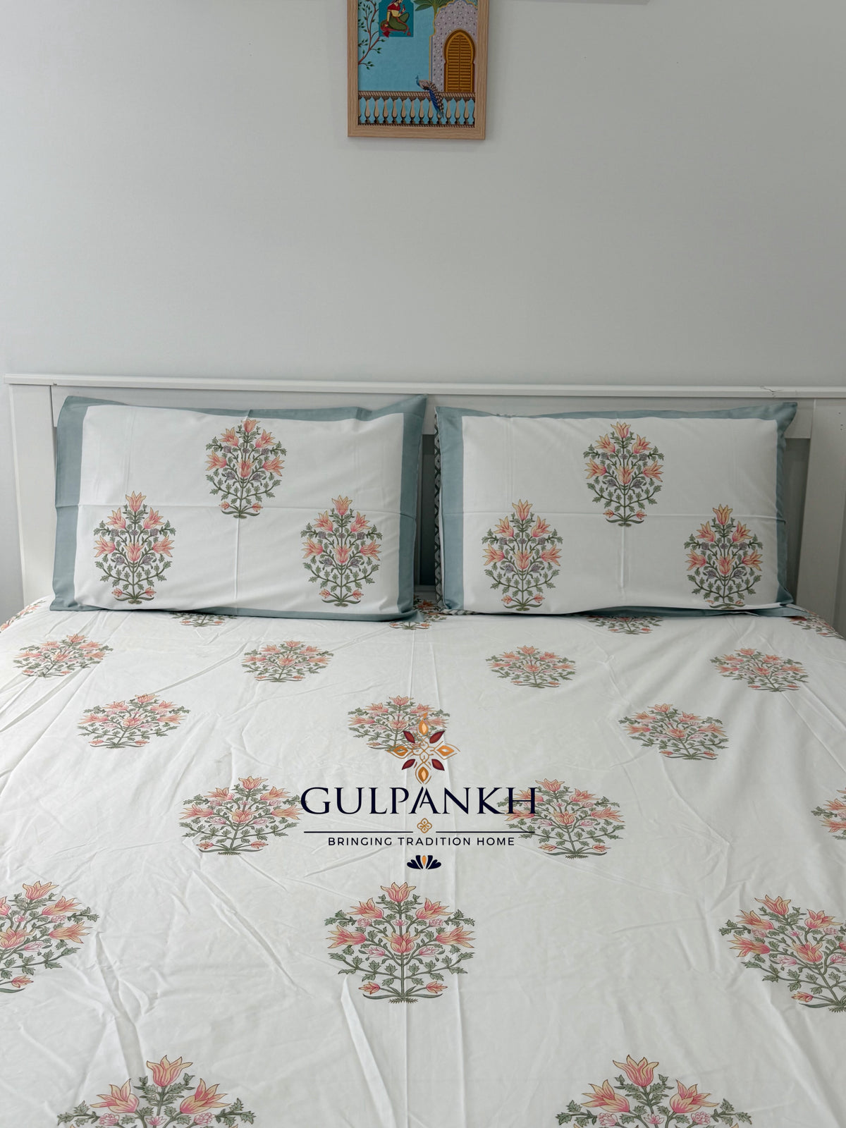 Hand Block Printed 100% Cotton Queen Fitted Bedsheet - Blush Sage Bloom | Gulpankh Canada