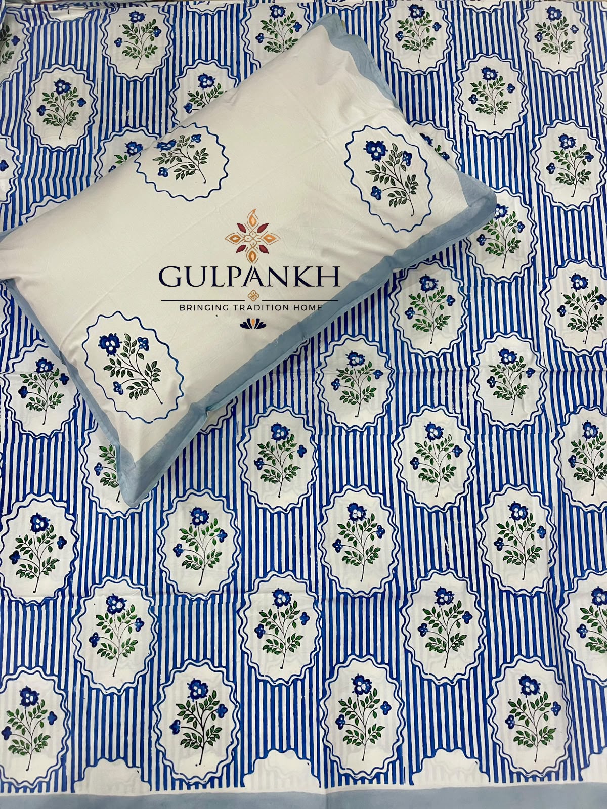 Hand Block Printed 100% Cotton Queen Fitted Bedsheet – Indigo Floral Trellis | Gulpankh Canada