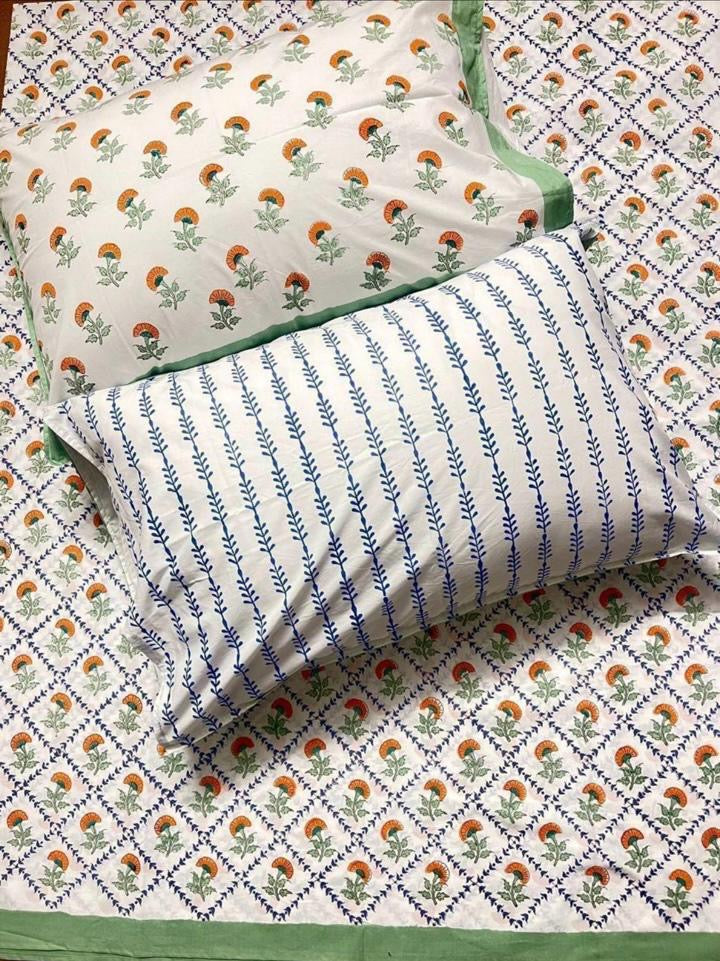 Hand Block Printed Super King Flat Bedsheet - Marigold Meadow Trellis | Gulpankh Canada