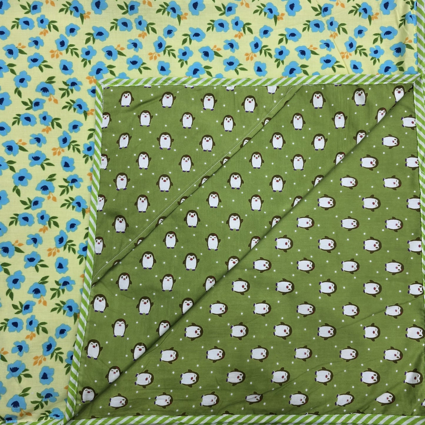 Hand Block Printed Hooded Baby Swaddle Blanket – Blue Blossom Penguin | Gulpankh Canada
