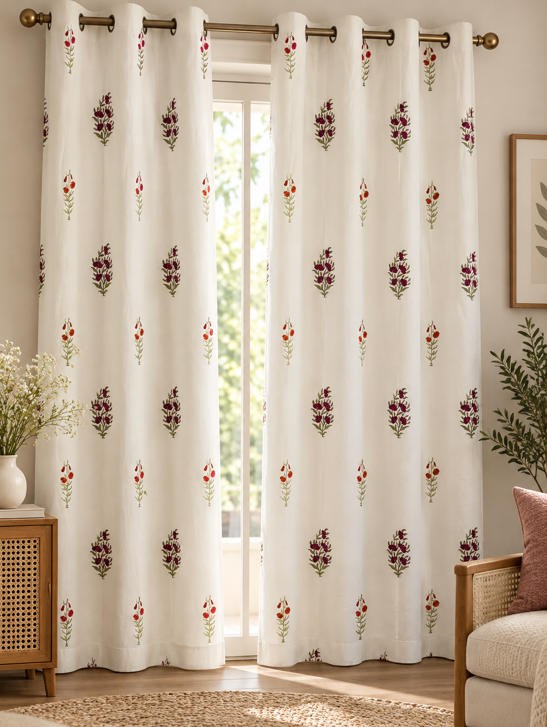 Hand Block Printed 100% Cotton Eyelet Curtain – Crimson Bloom | 7 Ft | Gulpankh Canada