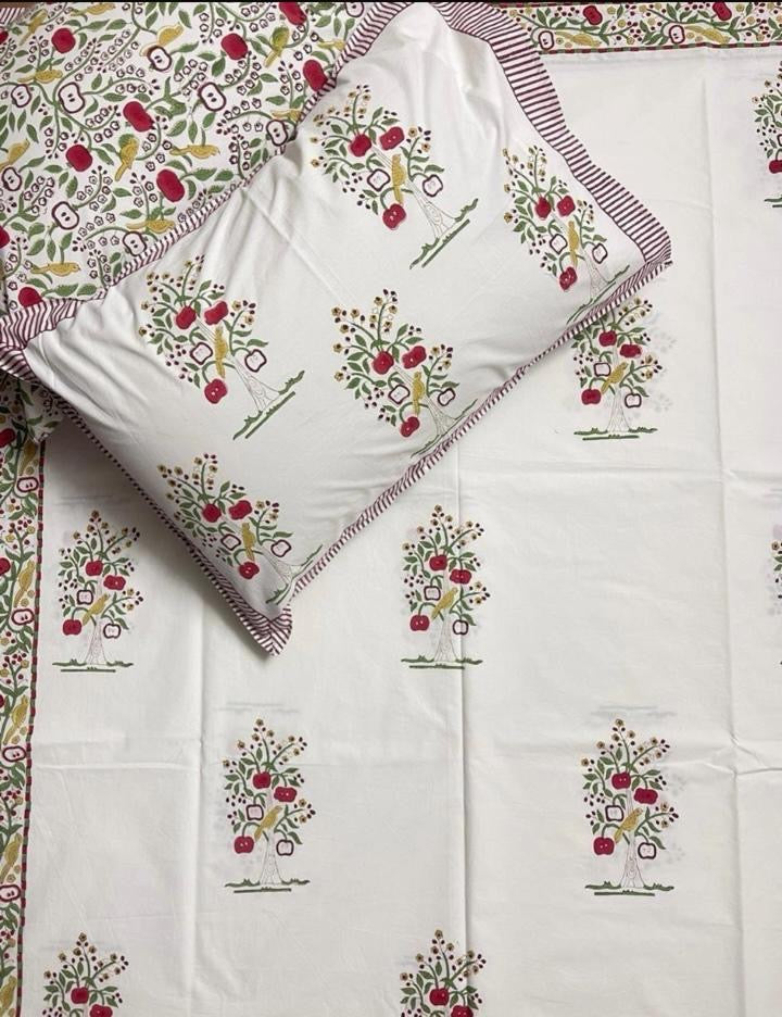 Hand Block Printed Super King Flat Bedsheet - Apple Orchard Bloom | Gulpankh Canada