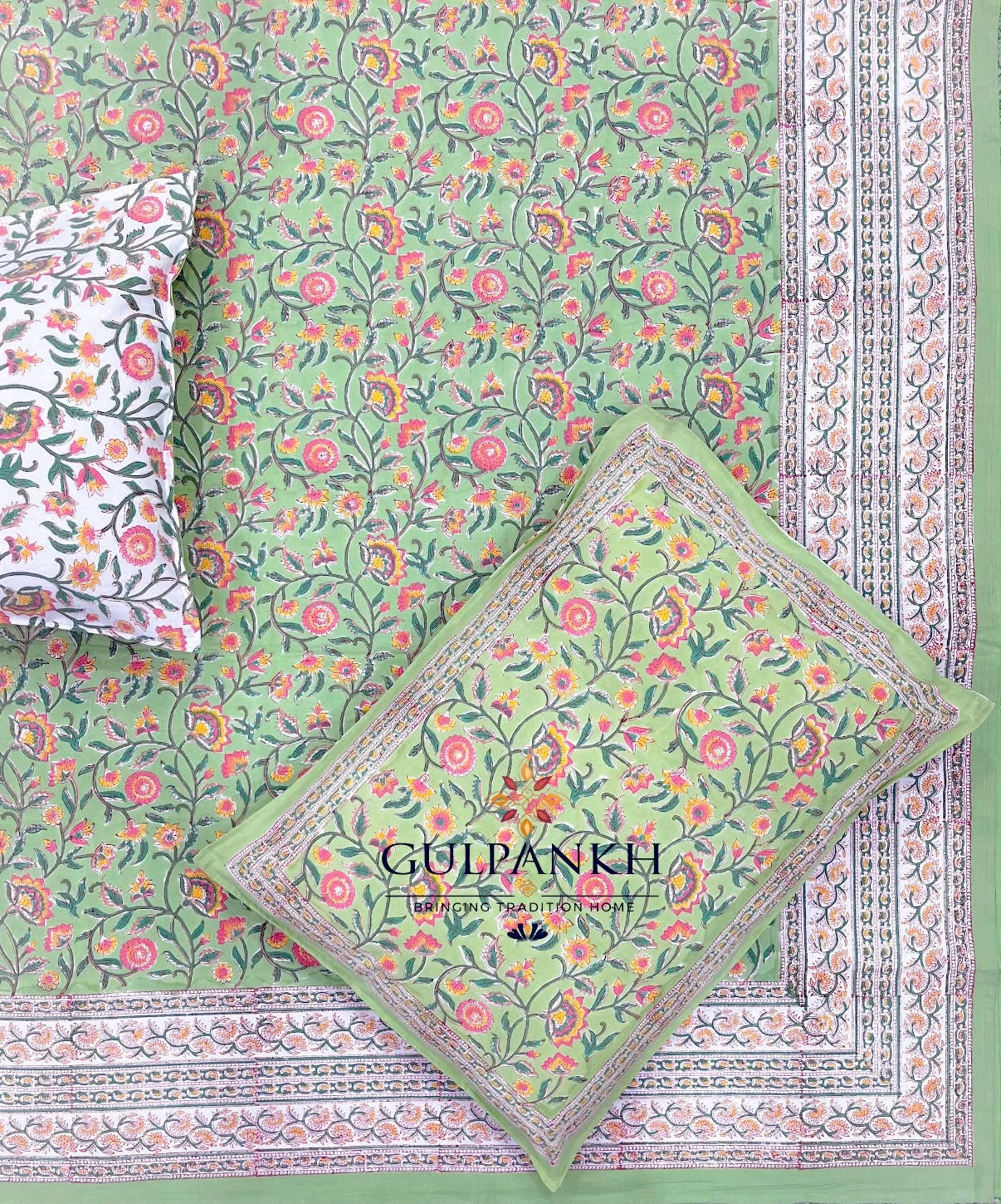 Hand Block Printed King Fitted Bedsheet - Sage Gulrang Vatika | Gulpankh Canada