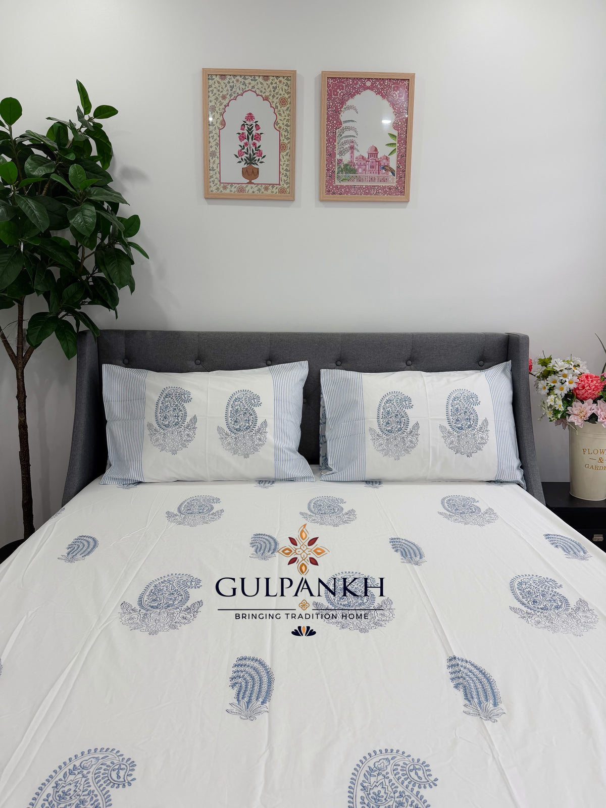 Hand Block Printed King Fitted Bedsheet - Indigo Saaz | Gulpankh Canada