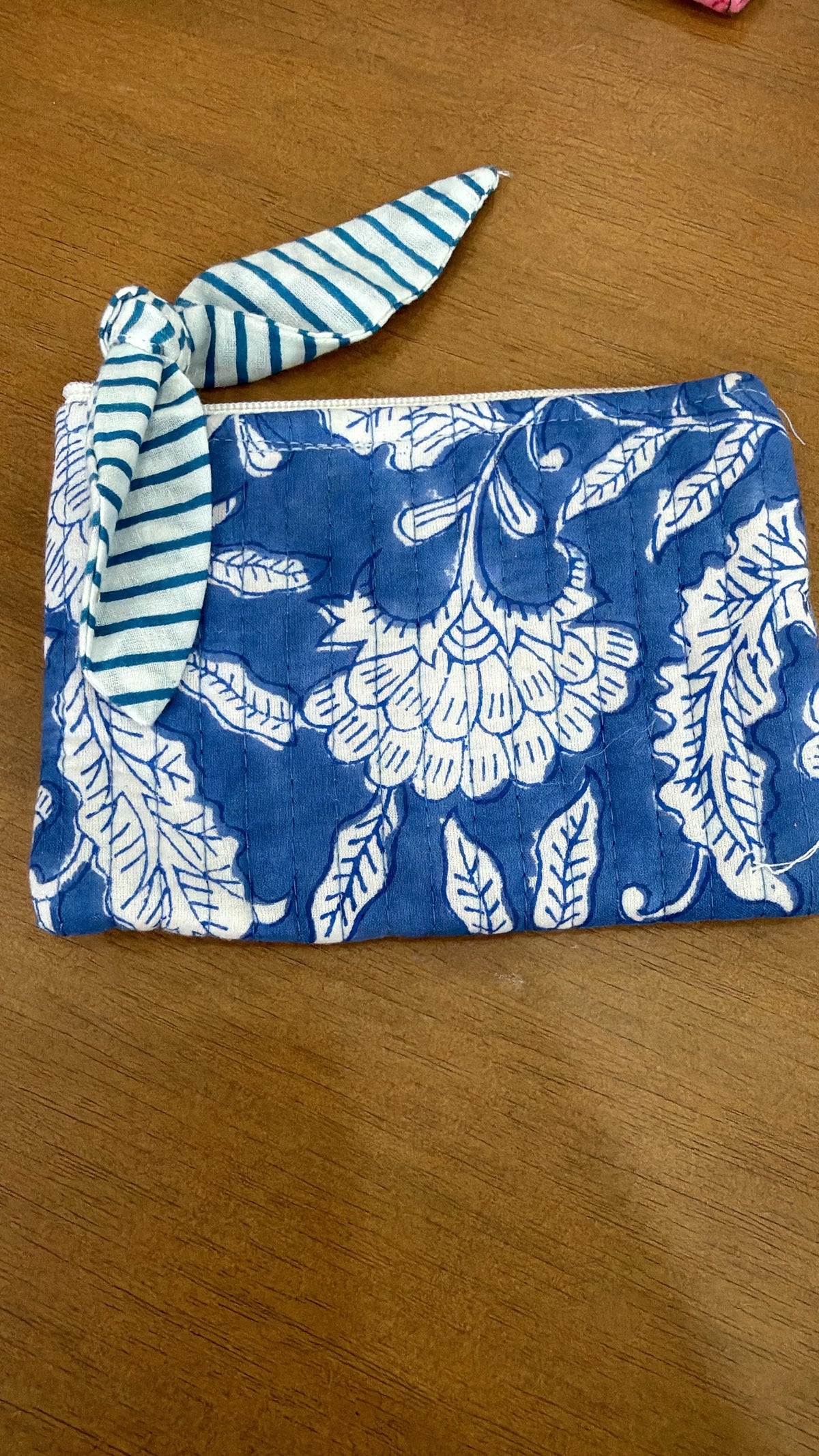 Hand Block Printed Quilted Flat Pouch – Indigo Floral Knot | Gulpankh Canada