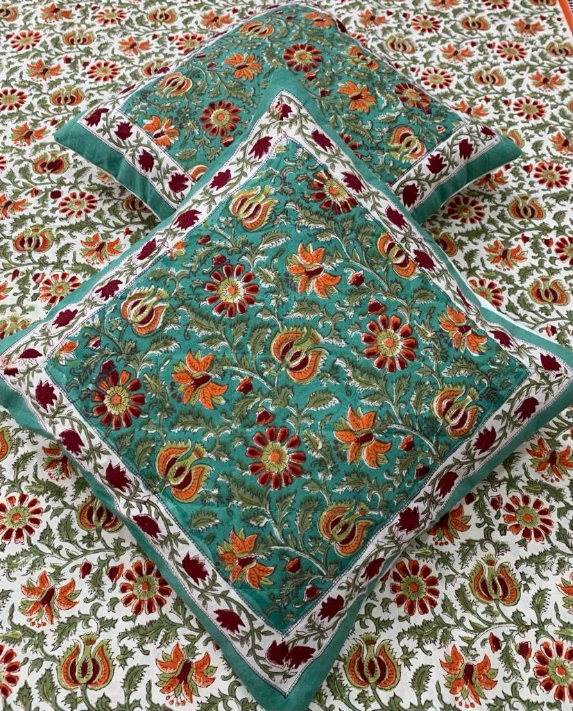 Quilted Hand Block Printed Cushion Cover – Teal Mughal Bloom | Gulpankh Canada