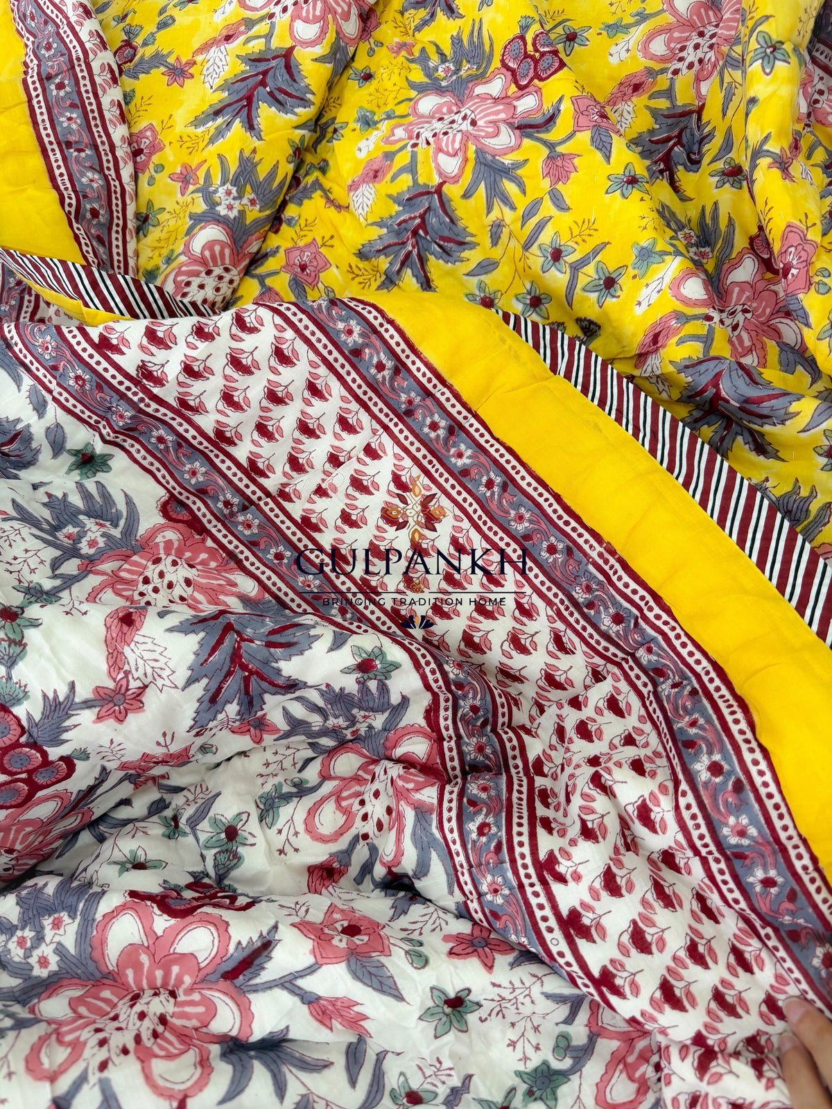 Hand Block Printed Reversible Cotton Quilt - Sunlit Floral Garden | Gulpankh Canada