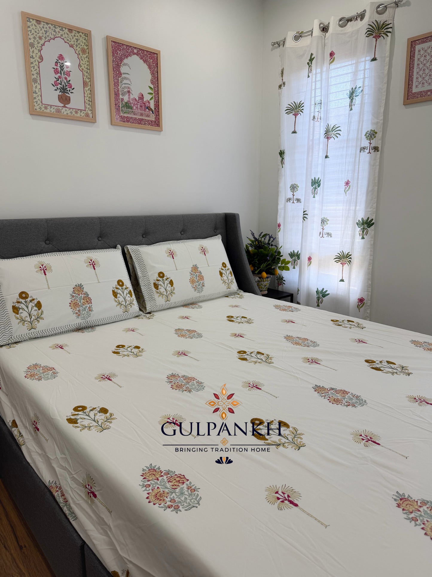 Hand Block Printed Queen Fitted Bedsheet - Palm Gul Jardin | Gulpankh Canada
