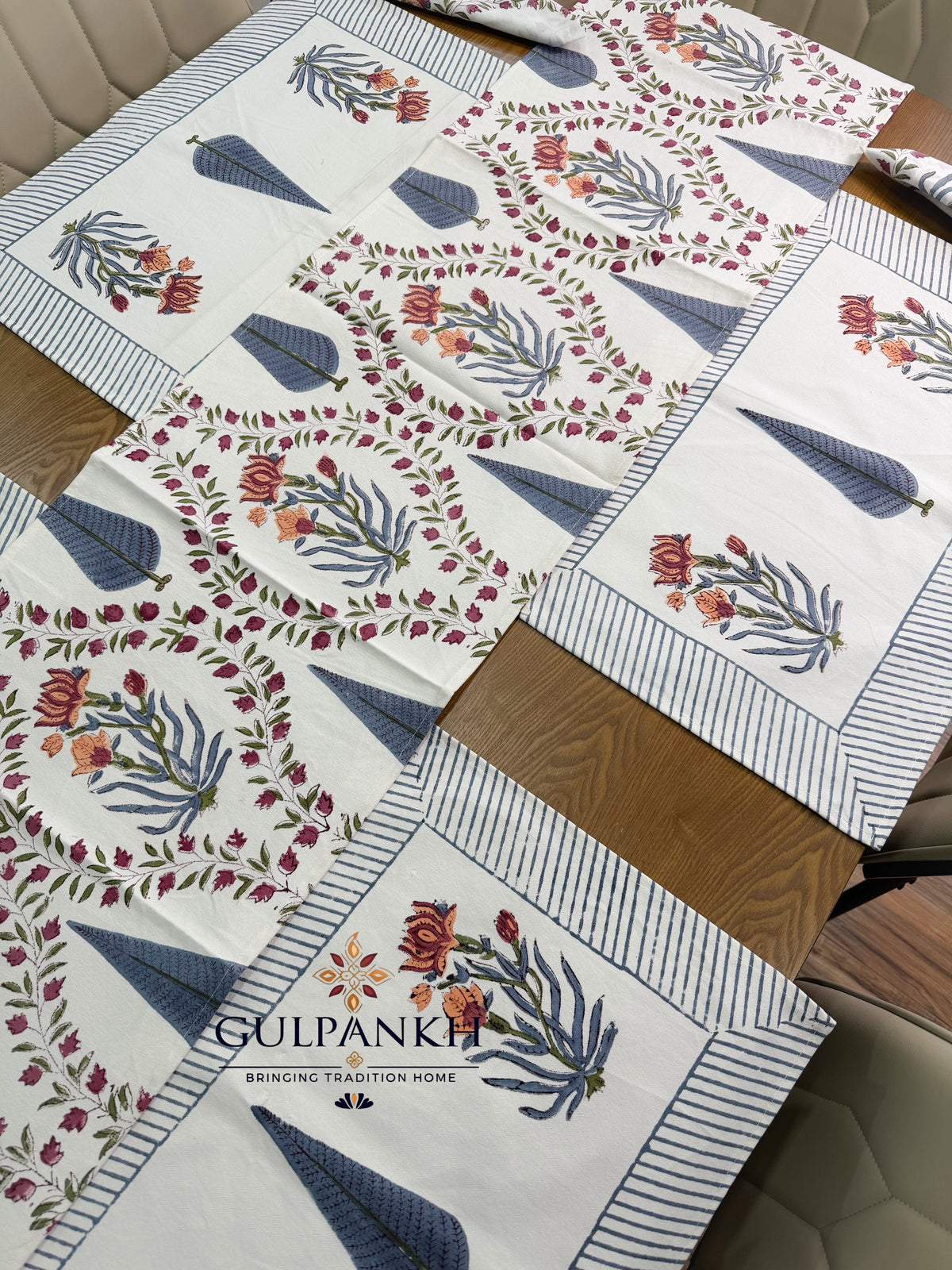 Hand Block Printed Dining Table Set – Saanjh Botanical | Gulpankh Canada