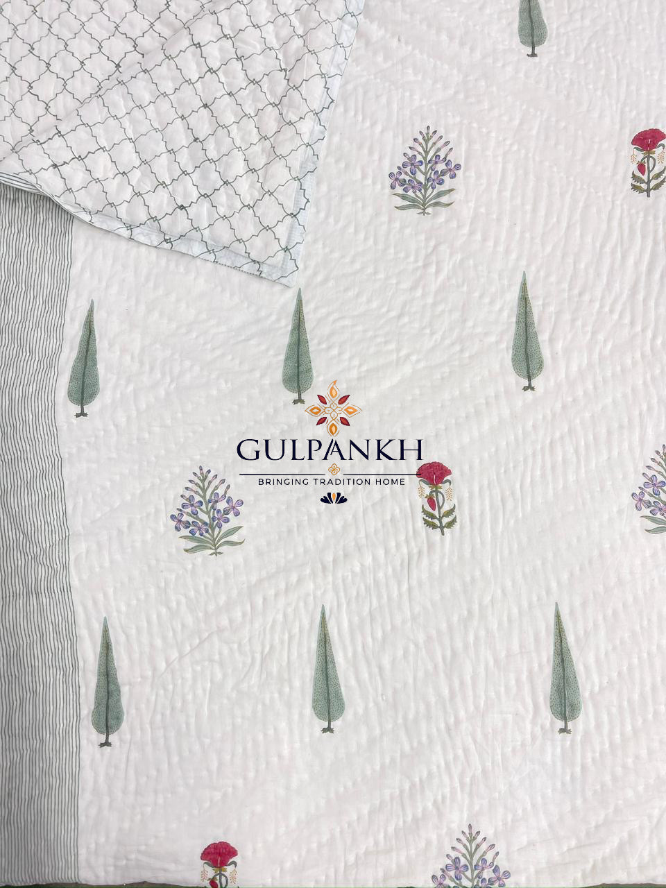 Hand Block Printed Reversible Cotton Twin Quilt - Cypress Lavender Meadow | Gulpankh Canada