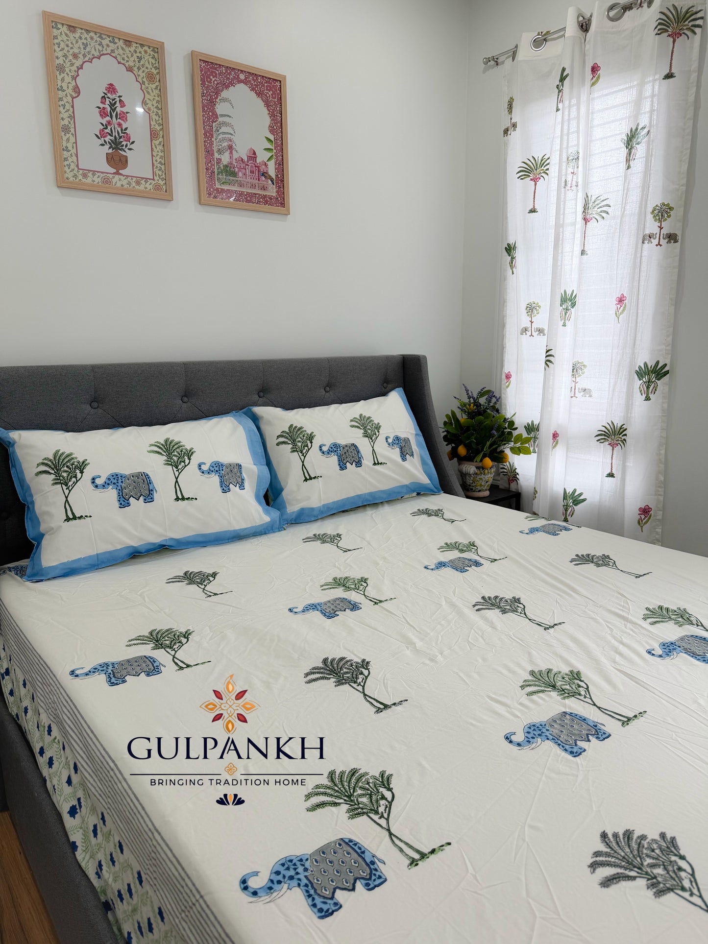 Hand Block Printed King Fitted Bedsheet - Royal Elephant Garden | Gulpankh Canada