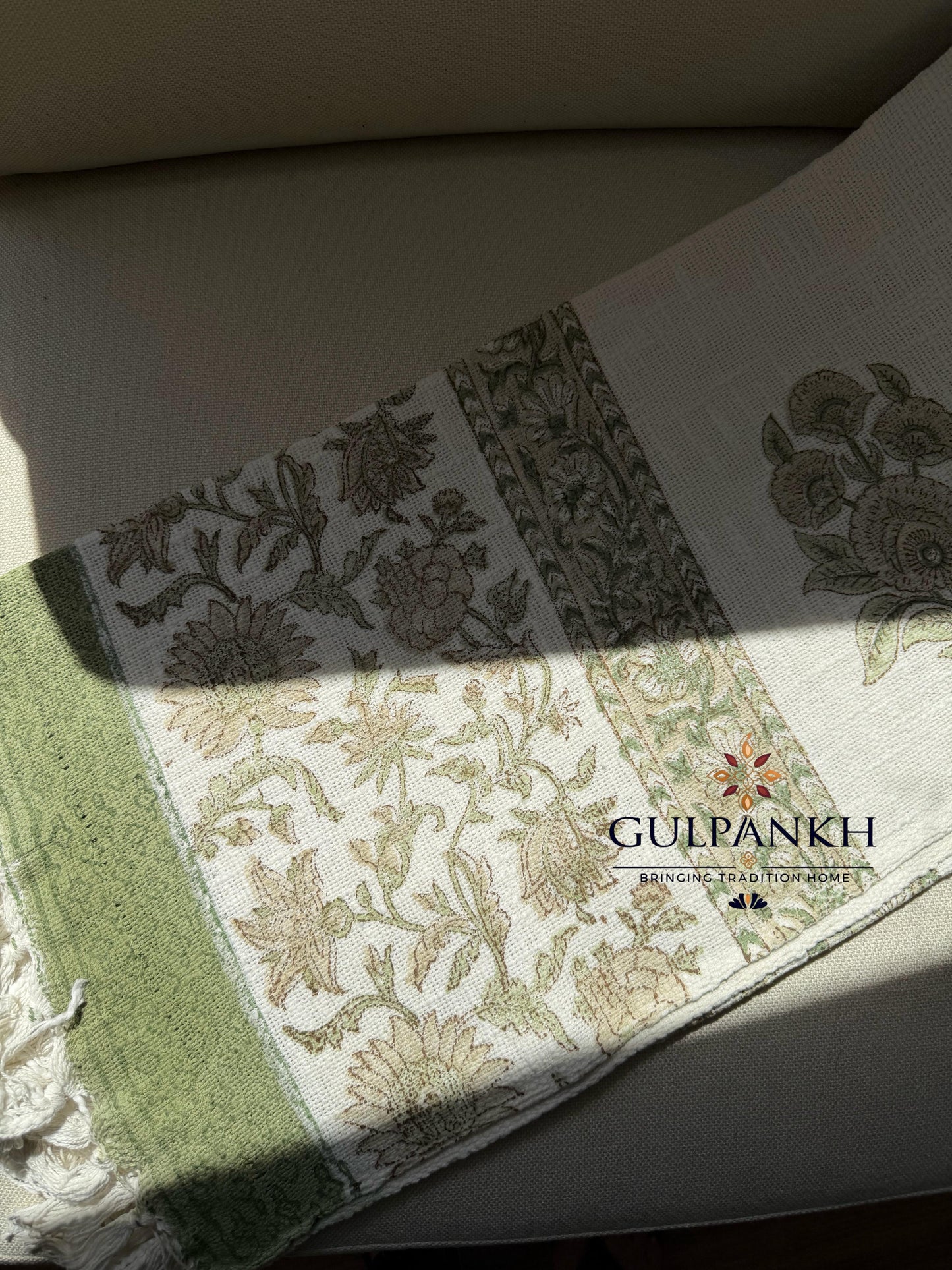 Hand Block Printed TNT Sofa Throw – Sage Bloom | Gulpankh Canada