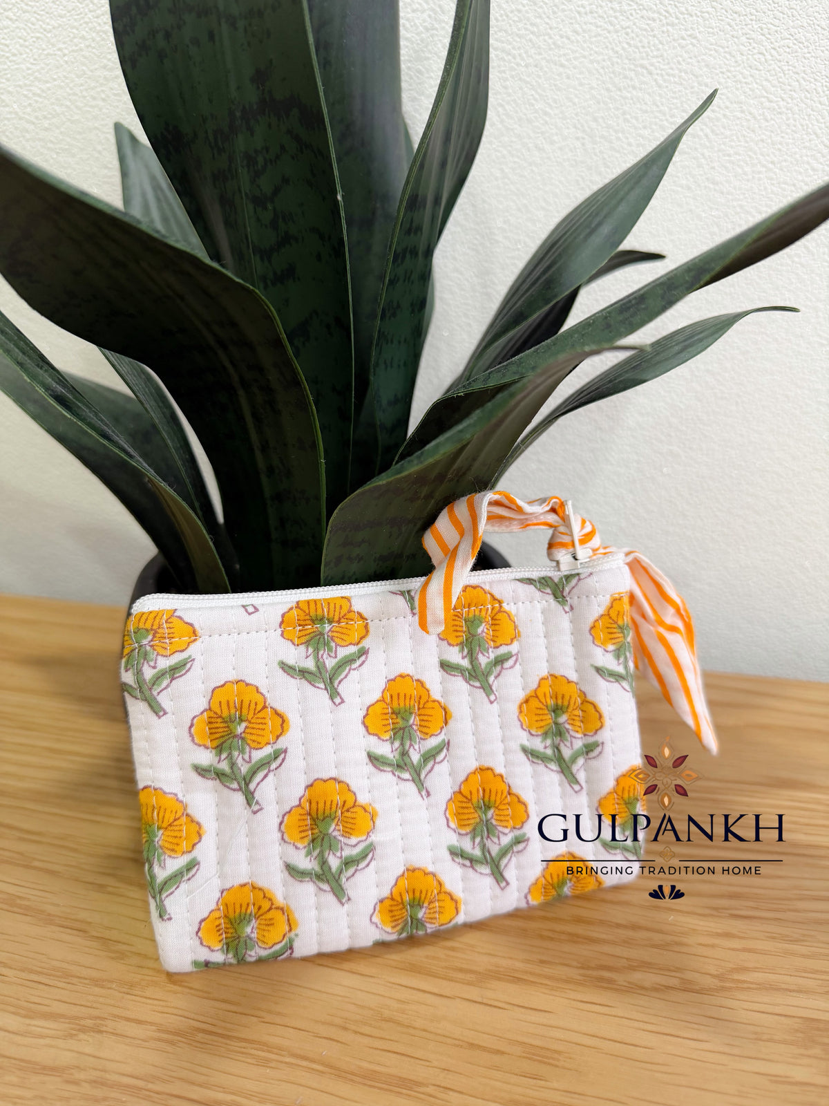 Hand Block Printed Quilted Flat Pouch – Marigold Bloom | Gulpankh Canada