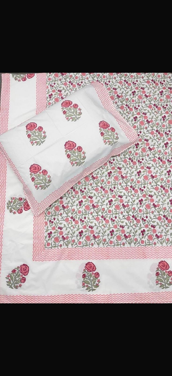 Hand Block Printed Super King Flat Bedsheet - Rosé Blossom Garden | Gulpankh Canada