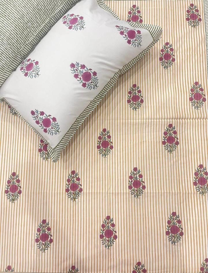 Hand Block Printed Super King Flat Bedsheet - Saffron Rose Buta | Gulpankh Canada