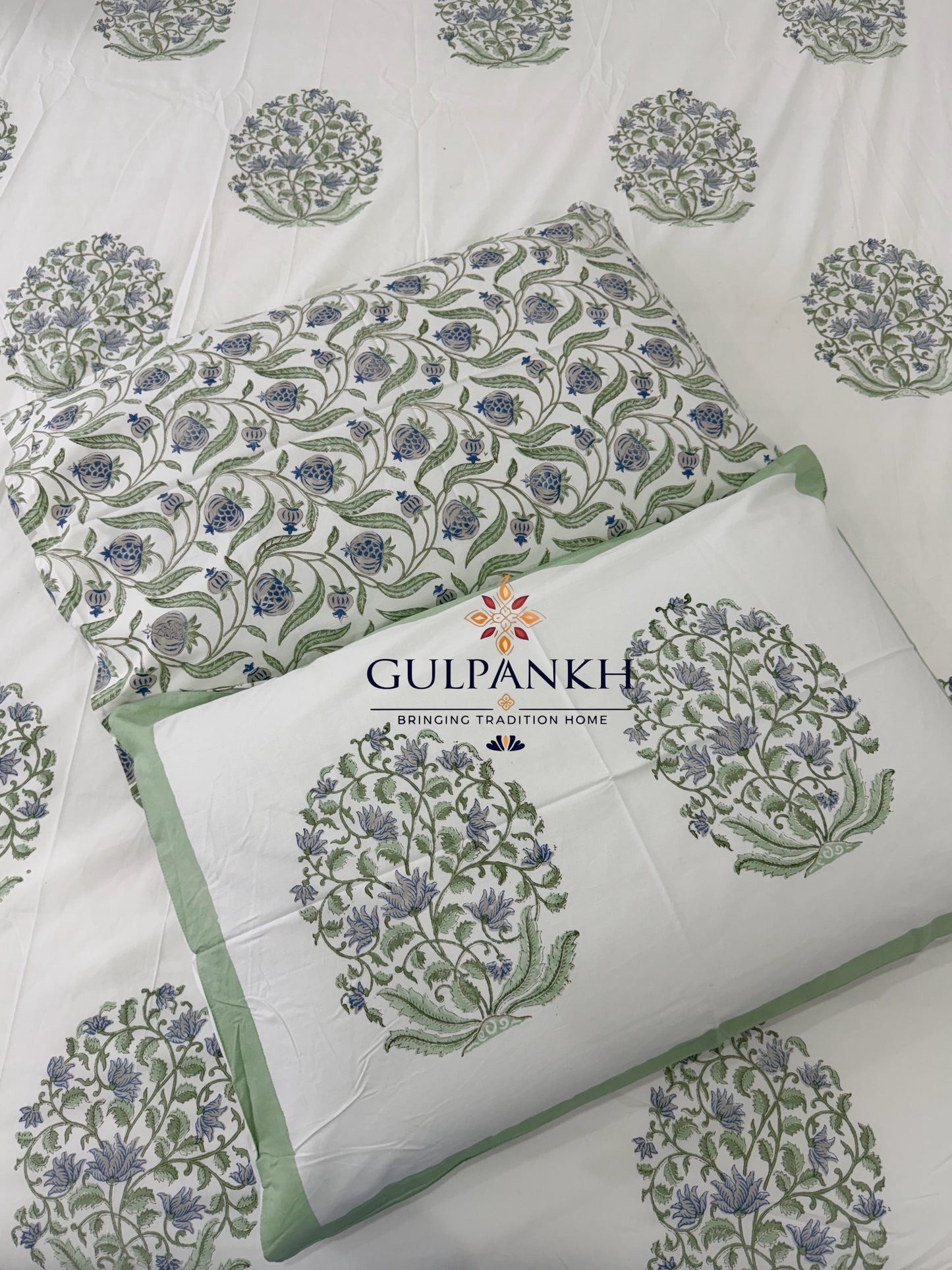 Hand Block Printed King Fitted Bedsheet - Viraasat Bloom Sage | Gulpankh Canada