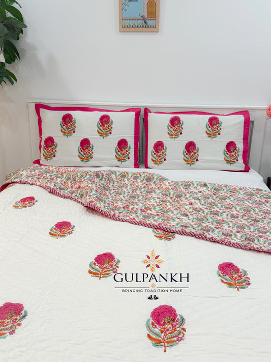Reversible Hand Block Printed Cotton Quilt - Gulabi Noor | Gulpankh Canada