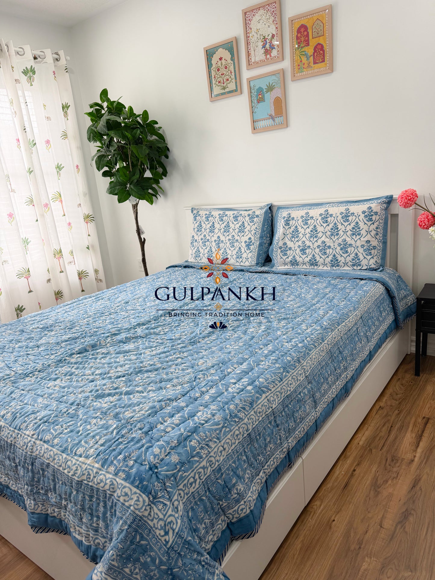 Hand Block Printed Cotton Quilt - Azure Bloom Heritage | Gulpankh Canada
