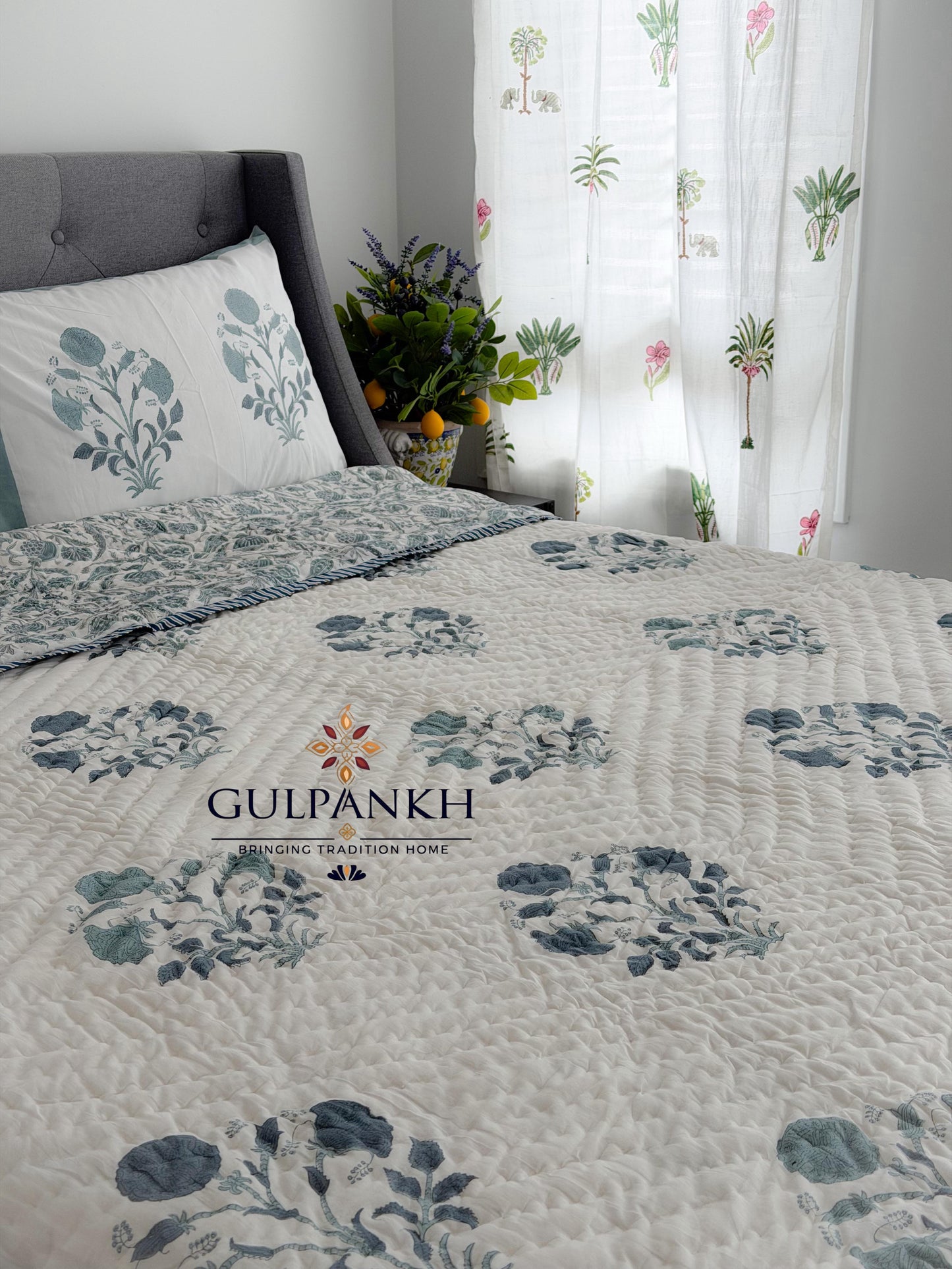 Hand Block Printed Cotton Quilt - Noor-e-Neel | Gulpankh Canada