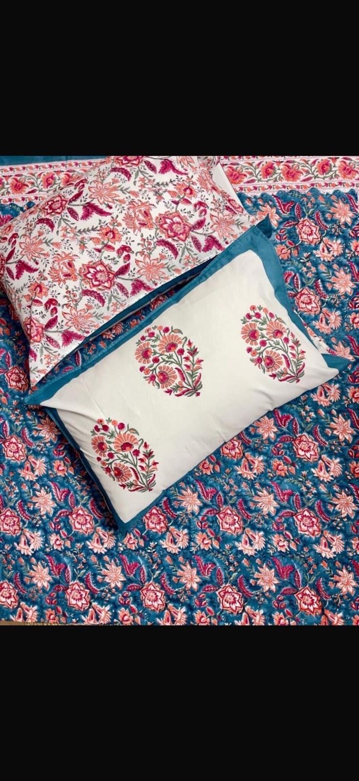 Hand Block Printed Super King Flat Bedsheet - Teal Gulnaar Bloom | Gulpankh Canada
