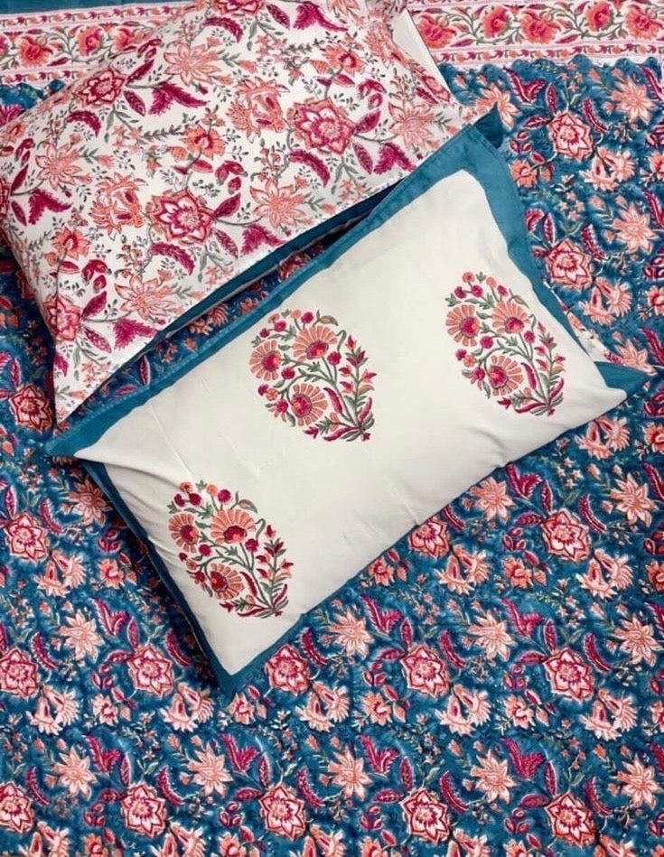 Hand Block Printed Twin Fitted Bedsheet - Teal Gulnaar Bloom | Gulpankh Canada