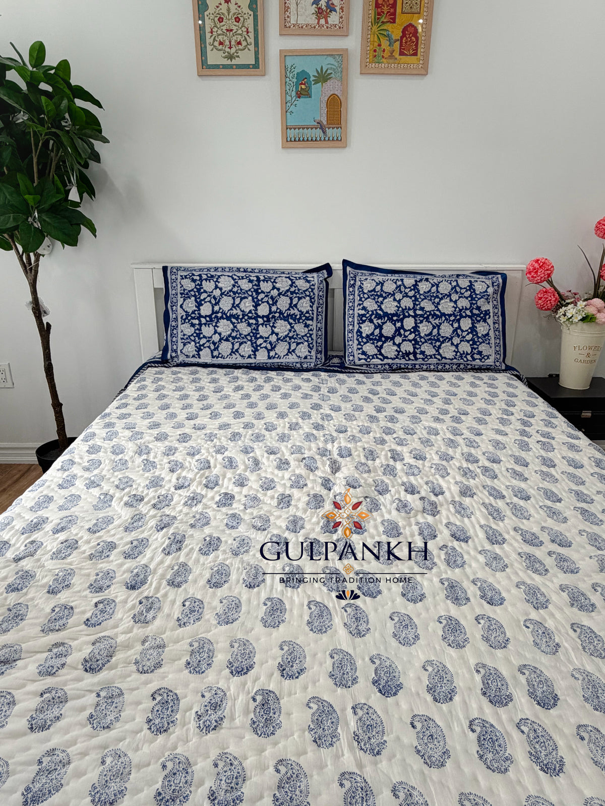 Hand Block Printed Cotton Quilt - Indigo Paisley Heritage | Gulpankh Canada