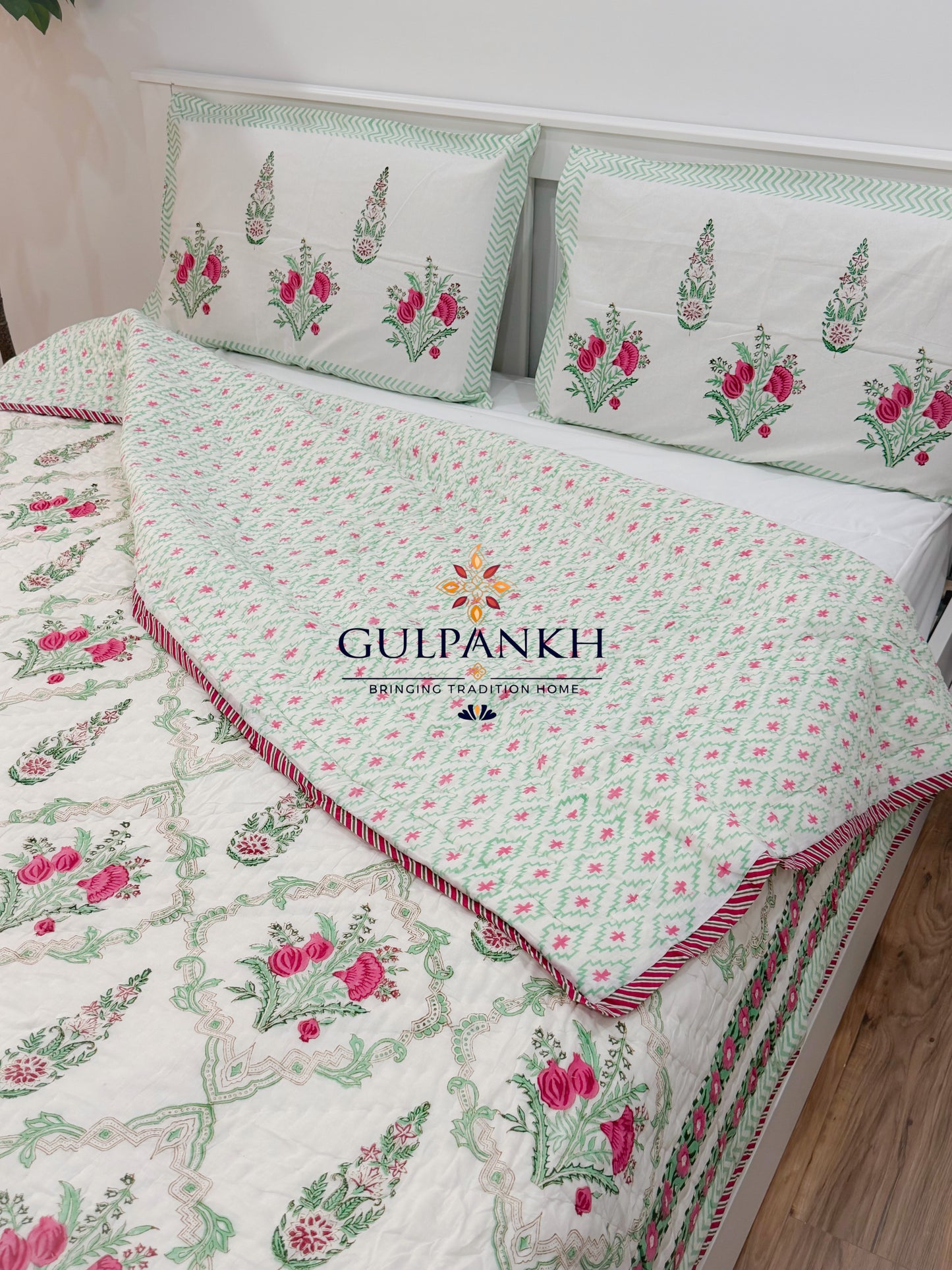 Reversible Hand Block Printed Cotton Quilt - Gulabi Mint Courtyard | Gulpankh Canada