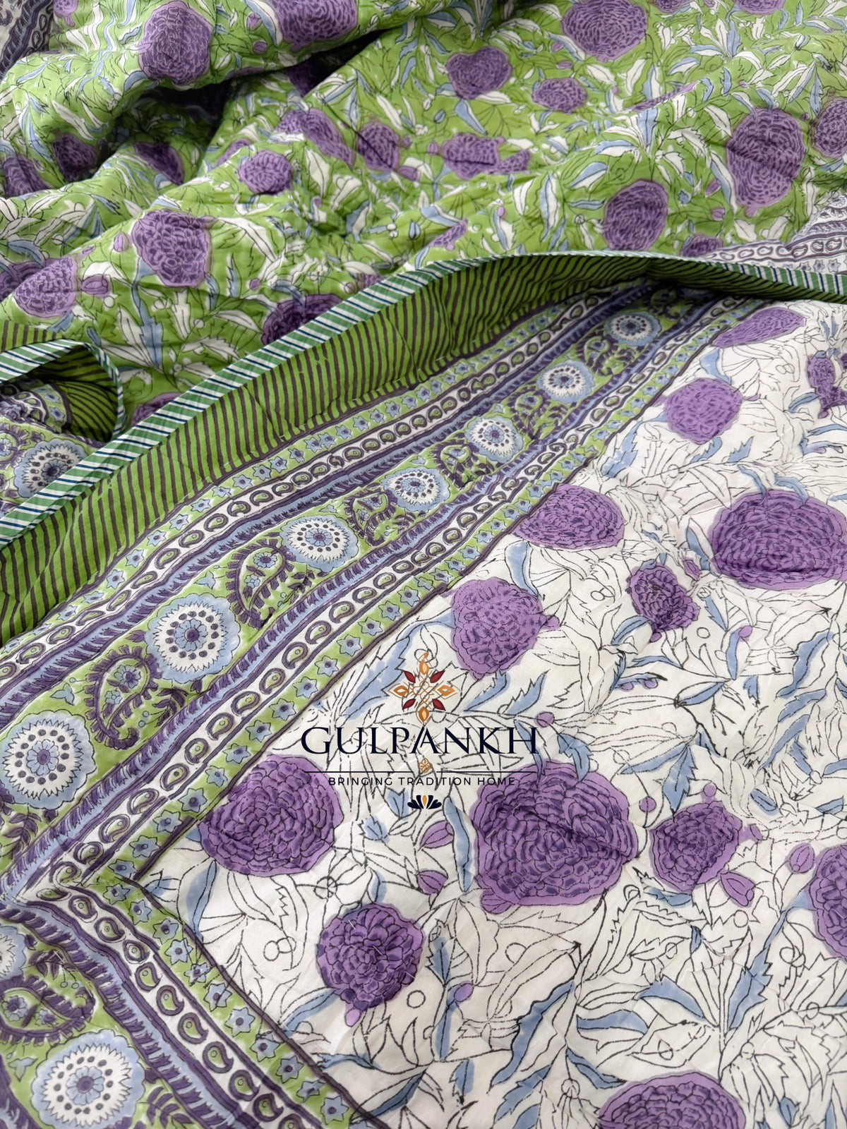 Hand Block Printed Reversible Cotton Quilt - Lavender Garden Bloom | Gulpankh Canada