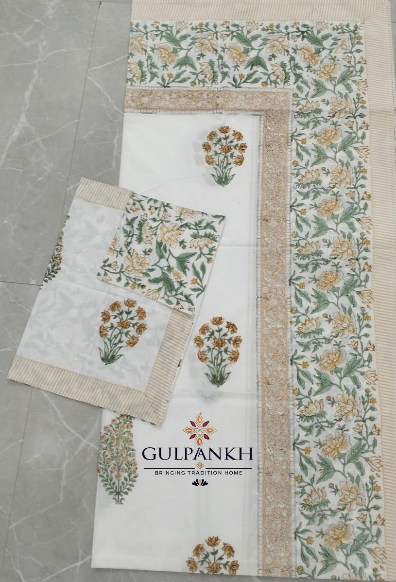 Hand Block Printed King Fitted Bedsheet - Sunehri Sage Gulbahar | Gulpankh Canada
