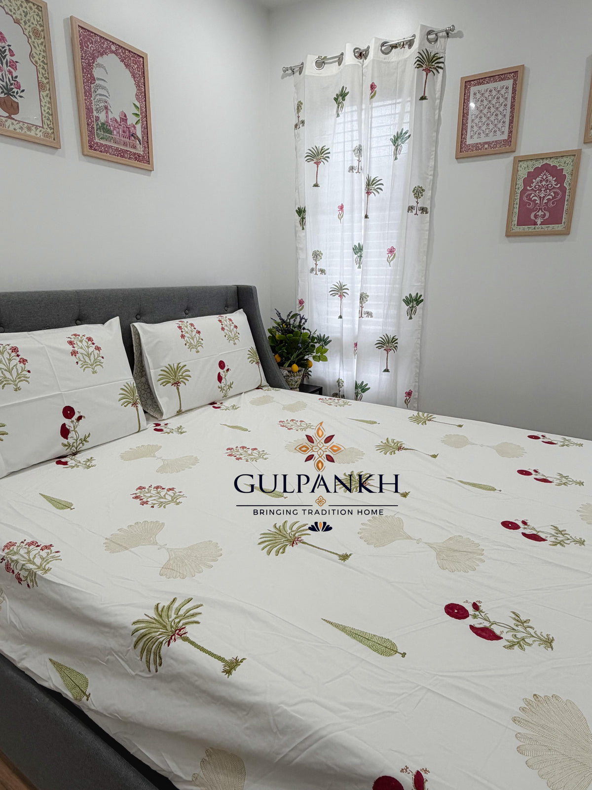 Hand Block Printed King Fitted Bedsheet - Mughal Palm Garden | Gulpankh Canada