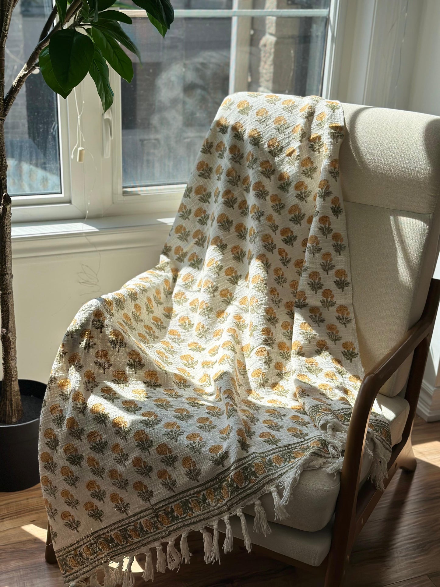 Hand Block Printed TNT Sofa Throw – Mustard Blossom Trail | Gulpankh Canada
