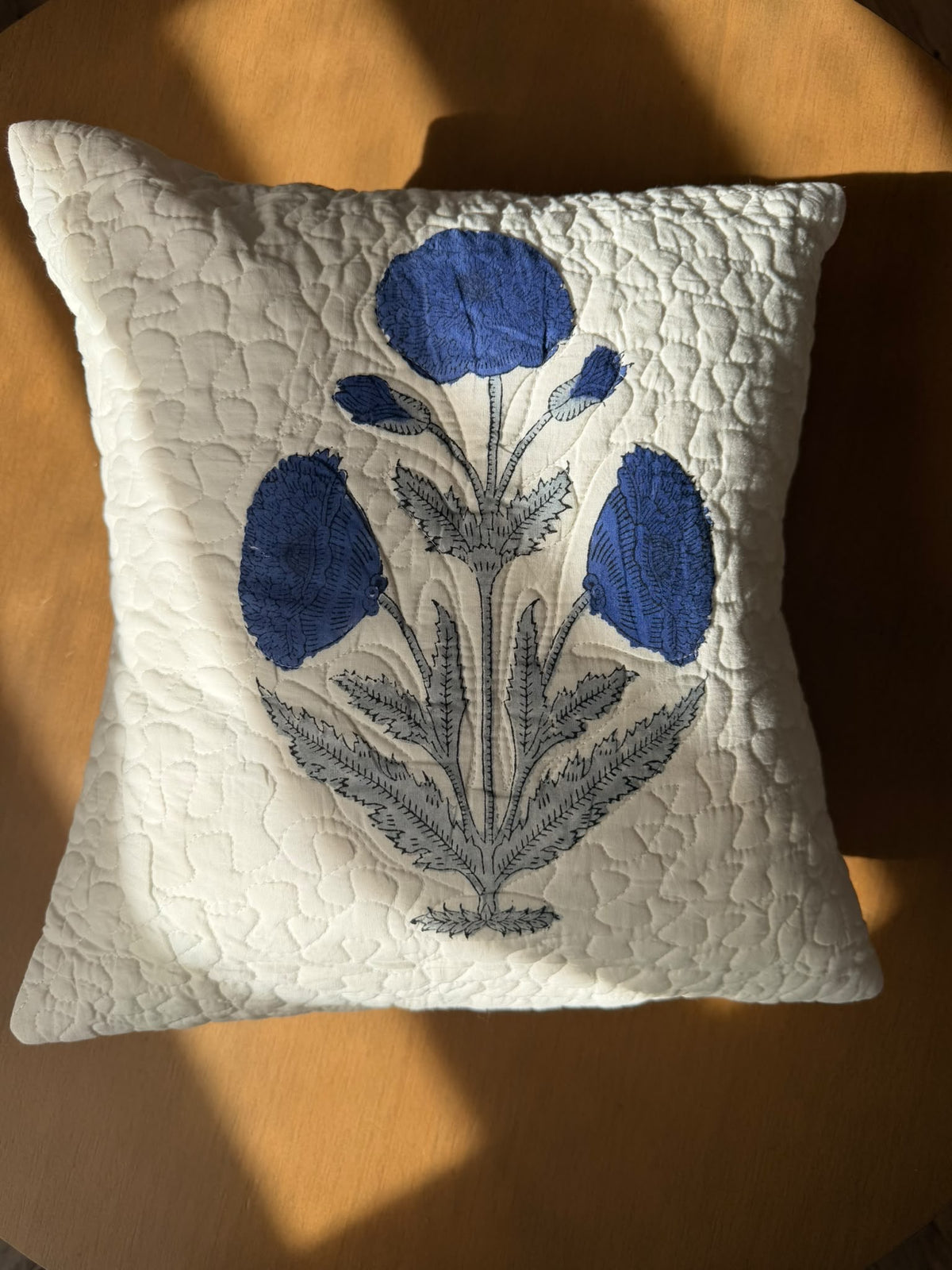 Quilted Hand Block Printed Cushion Cover – Indigo Poppy | Gulpankh Canada