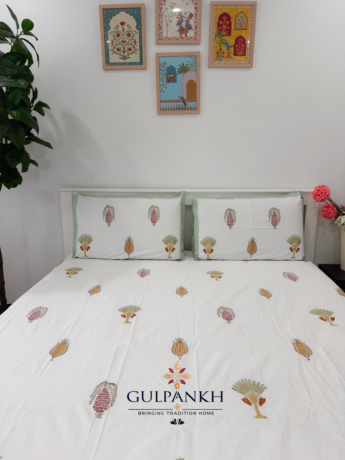 Hand Block Printed King Fitted Bedsheet - Sage Meadow Botanica | Gulpankh Canada
