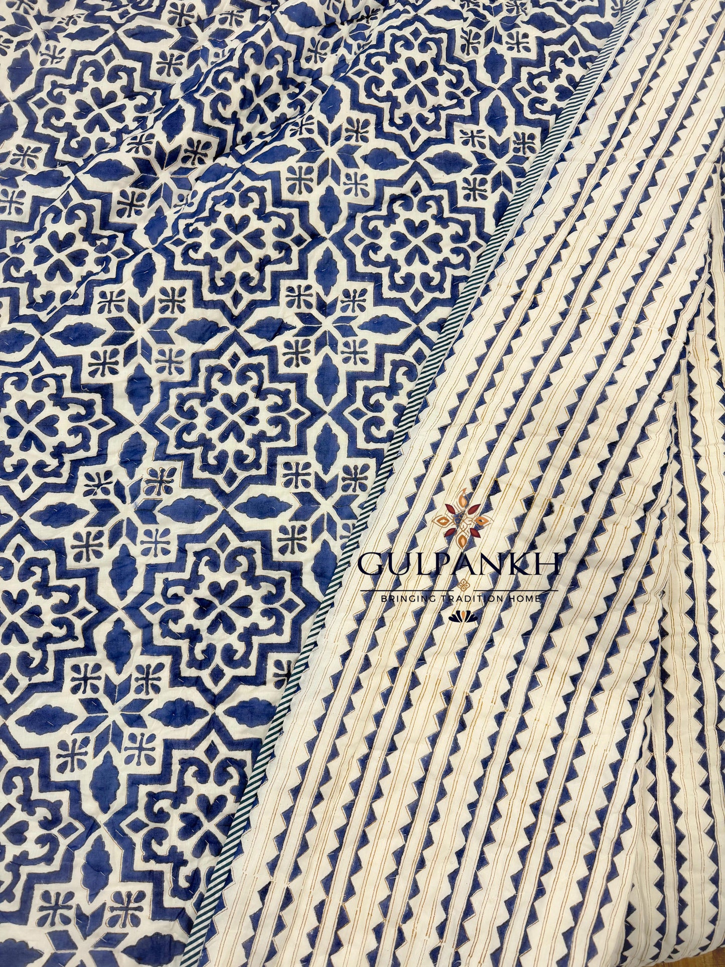 Reversible Hand Block Printed Cotton Quilt - Neel Jharokha | Gulpankh Canada