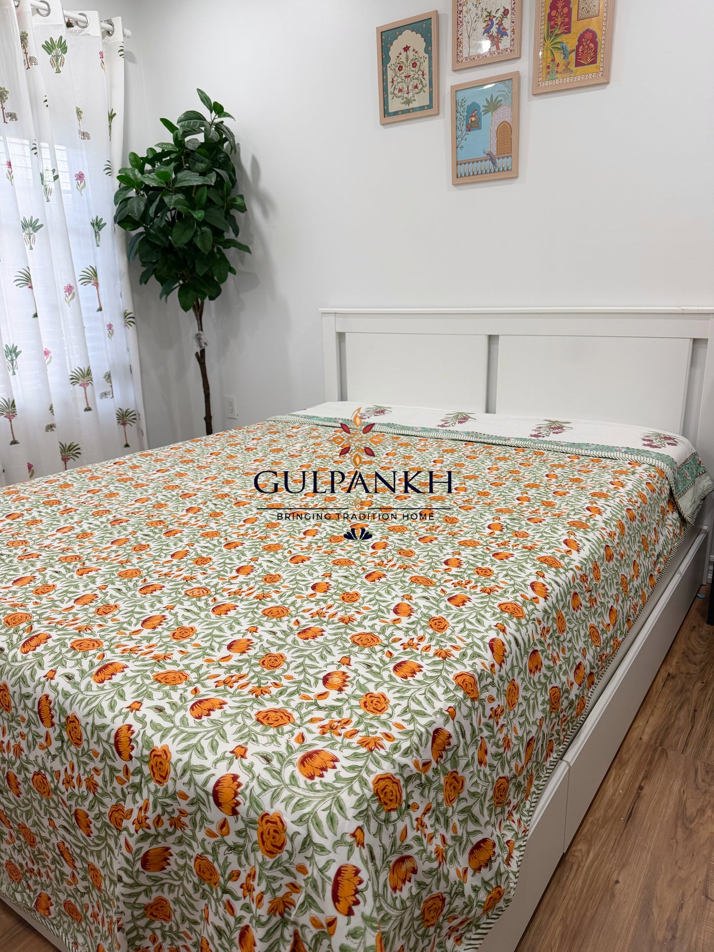 Hand Block Printed Mulmul Cotton Dohar - Marigold Meadow Grove | Gulpankh Canada