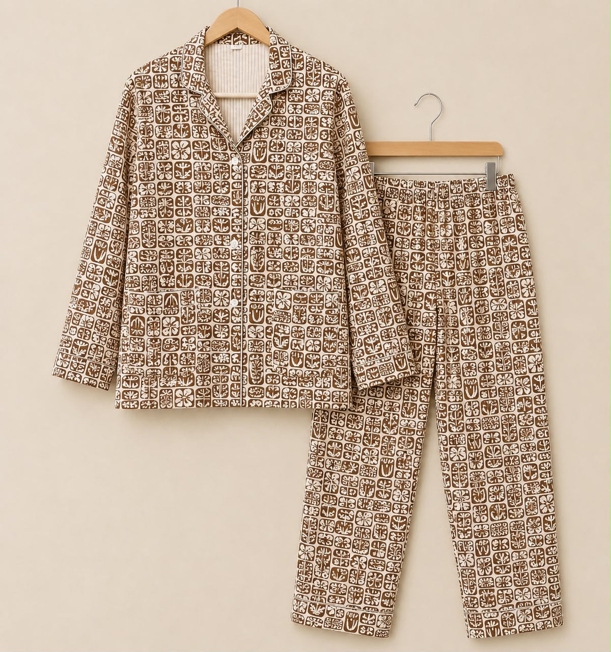 Hand Block Printed Cotton PJ Set with Storage Bag – Cocoa Mosaic | Gulpankh Canada
