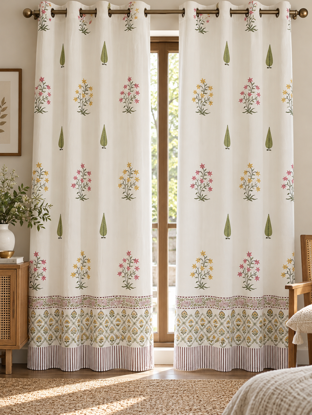 Hand Block Printed 100% Cotton Eyelet Curtain – Spring Meadow | 7 Ft | Gulpankh Canada