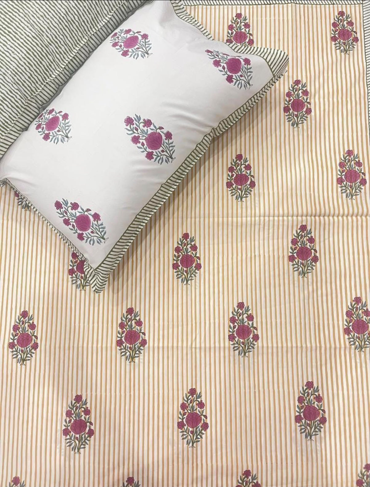 Hand Block Printed 100% Cotton Queen Fitted Bedsheet - Rose Stripe Garden | Gulpankh Canada