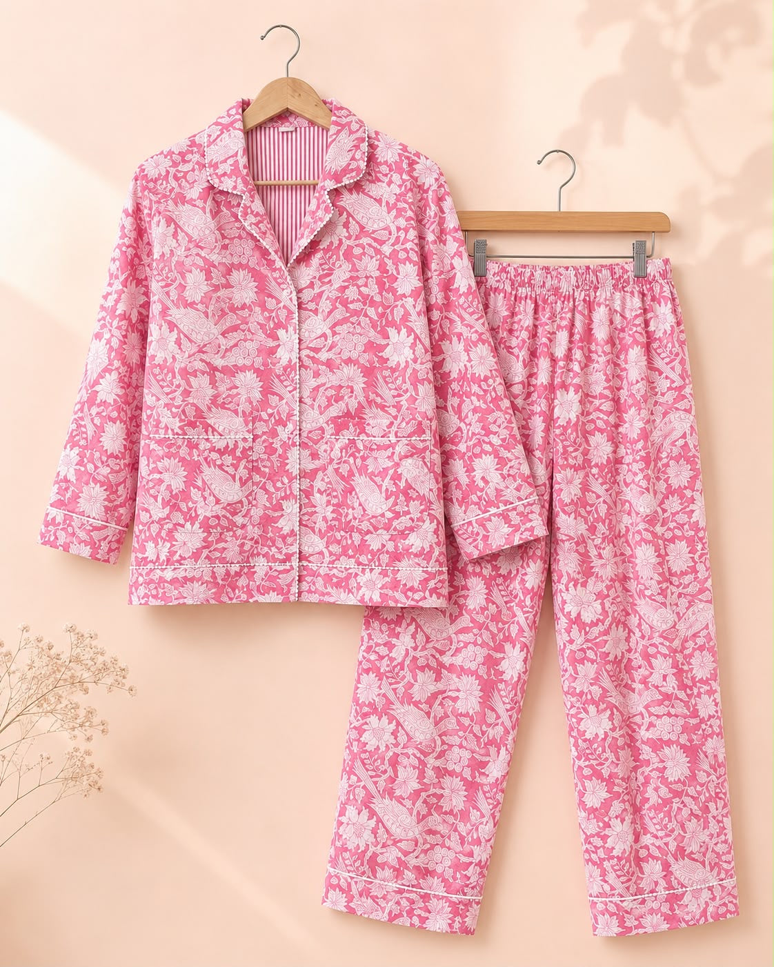 Hand Block Printed Cotton PJ Set with Storage Bag – Pink Garden | Gulpankh Canada