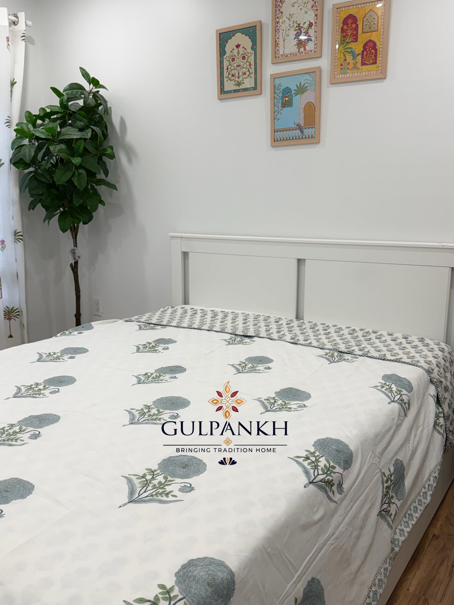 Hand Block Printed Mulmul Cotton Dohar - Misty Blue Botanica | Gulpankh Canada