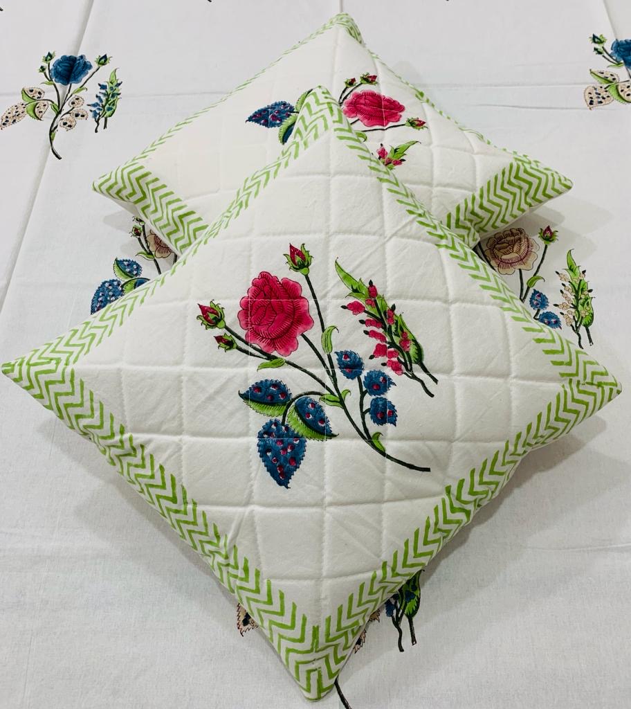 Quilted Hand Block Printed Cushion Cover – Rose & Leaf | Gulpankh Canada