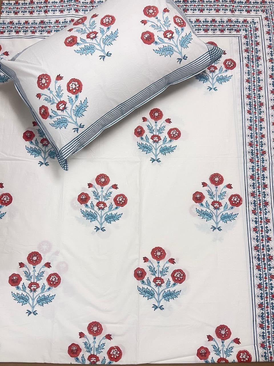 Hand Block Printed 100% Cotton Super King Flat Bedsheet – Crimson Bloom Garden | Gulpankh Canada