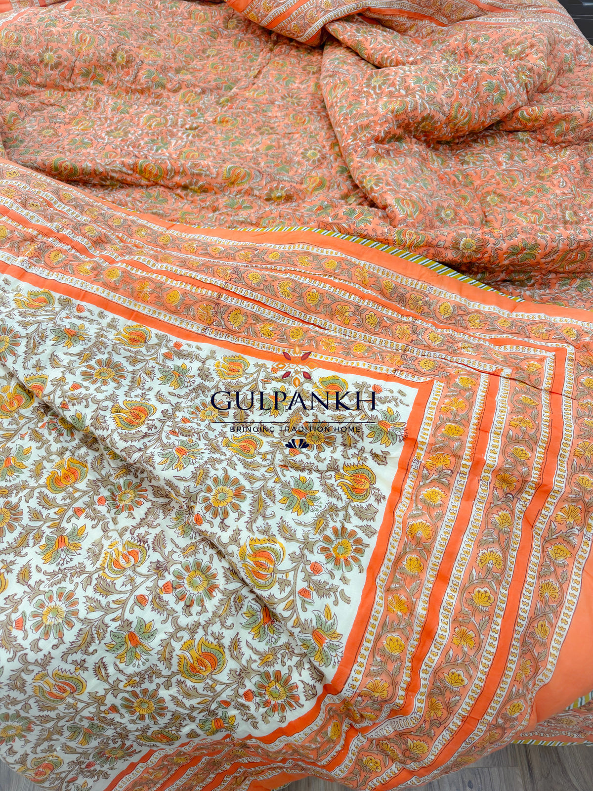 Reversible Hand Block Printed Cotton Quilt - Kesari Gulzar | Gulpankh Canada