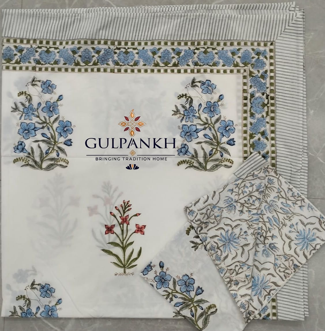 Hand Block Printed King Fitted Bedsheet - Neel Gulabi Botanica | Gulpankh Canada
