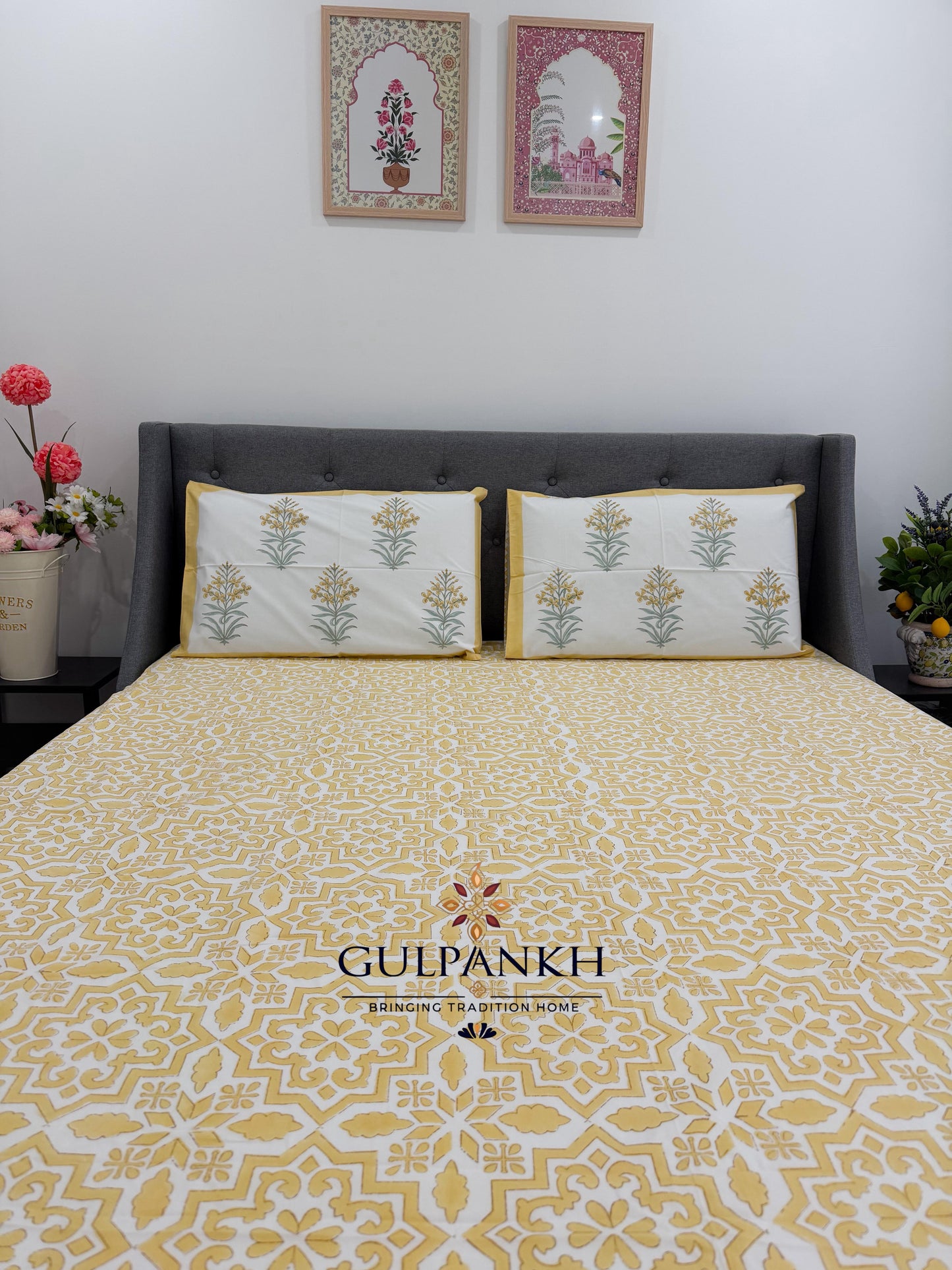Golden Jaal Hand Block Printed Fitted Bedsheet | Gulpankh Canada