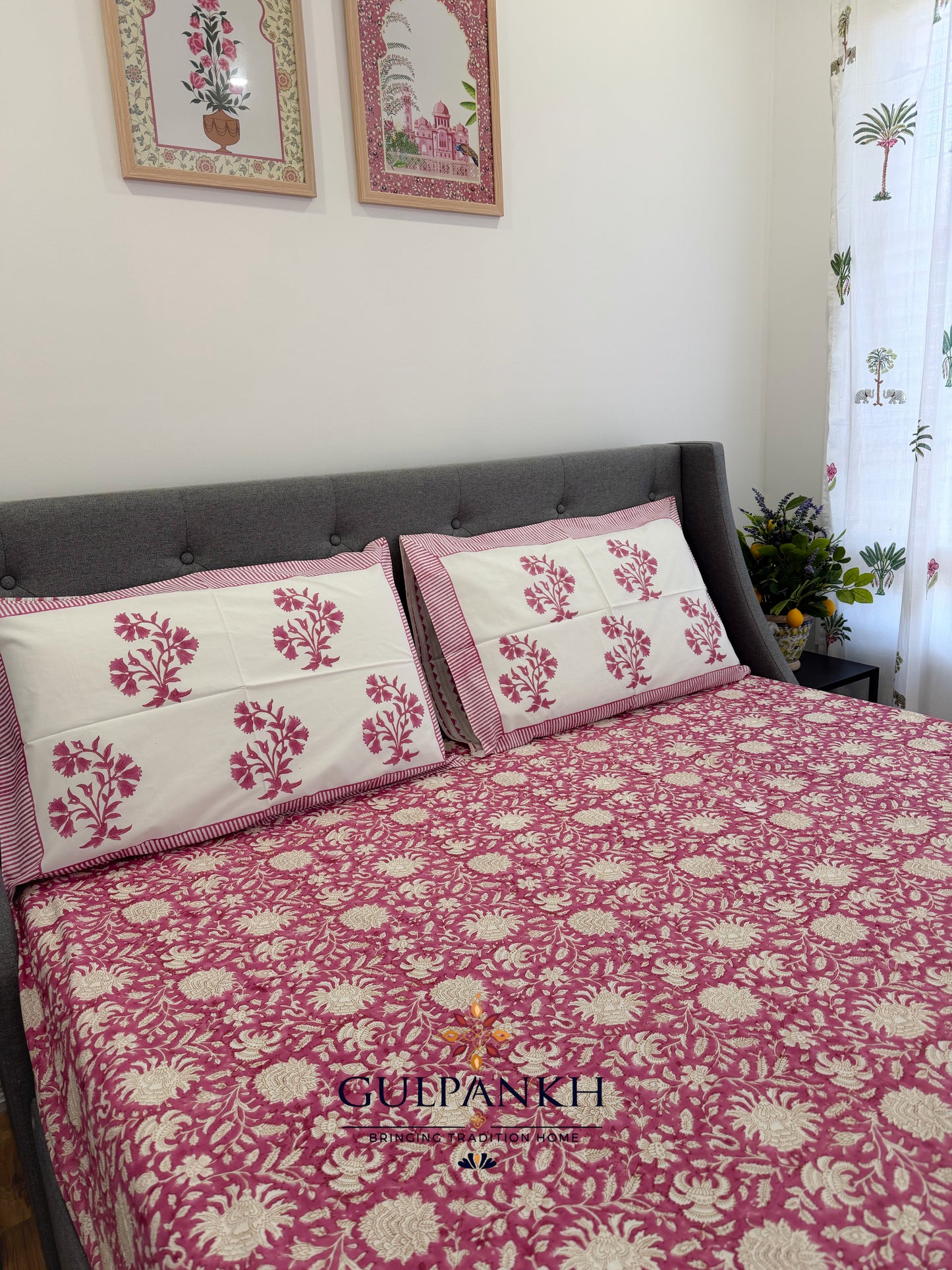 Hand Block Printed King Fitted Bedsheet - Gul Rang Mahal | Gulpankh Canada