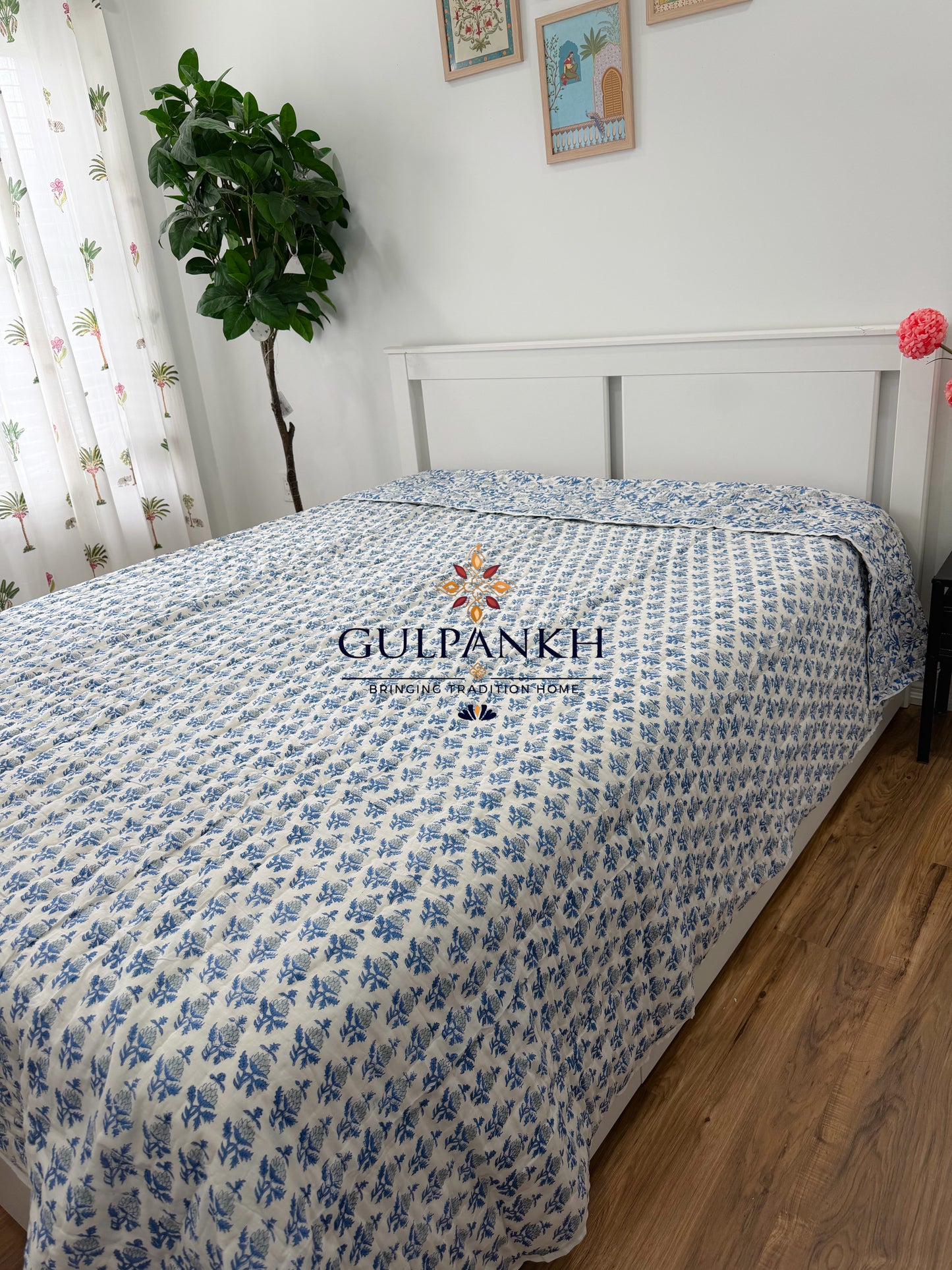 Hand Block Printed Cotton Quilt - Indigo Wildflower Bloom | Gulpankh Canada
