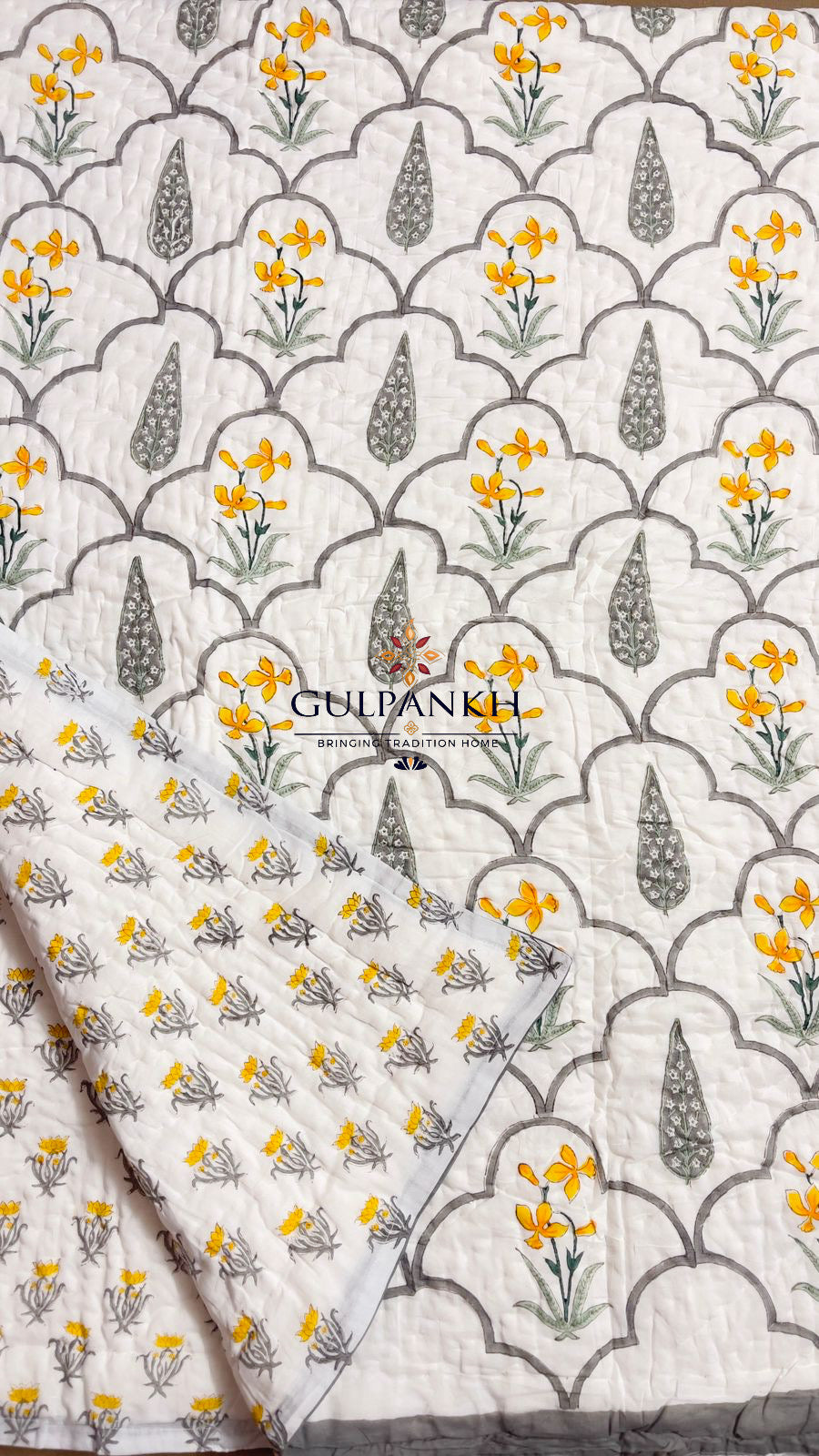 Hand Block Printed Reversible Cotton Twin Quilt - Golden Cypress Bloom | Gulpankh Canada
