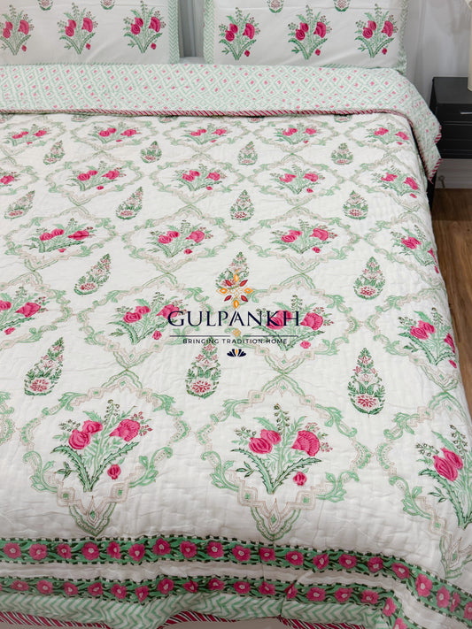 Reversible Hand Block Printed Cotton Quilt - Gulabi Mint Courtyard | Gulpankh Canada